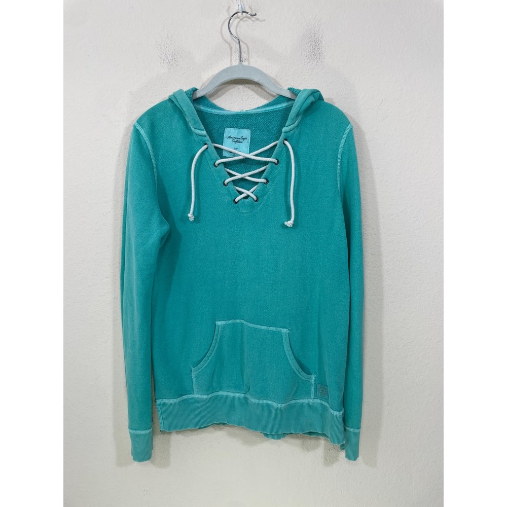 American Eagle Outfitters Hoodie Womens Small French Terry Lace Up Neck Green